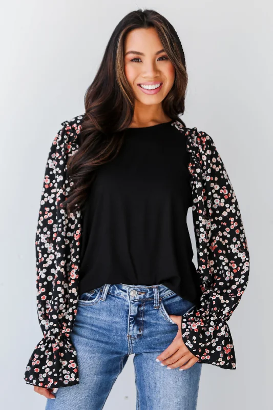 FINAL SALE - Instinctively Sweet Black Floral Sleeve Blouse