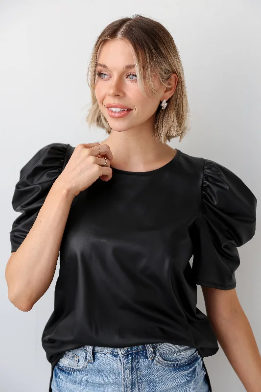 FINAL SALE - Trendsetting Direction Black Puff Sleeve Leather Blouse