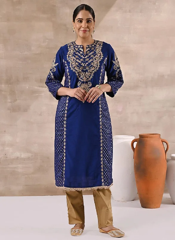 Blue Printed Kurta With Embroidery