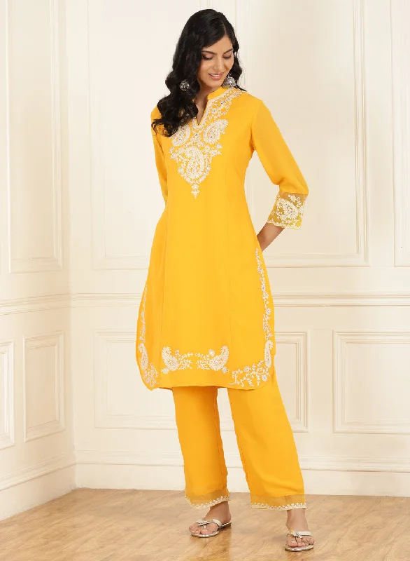 Bright Yellow Embroidered Georgette Kurta Set