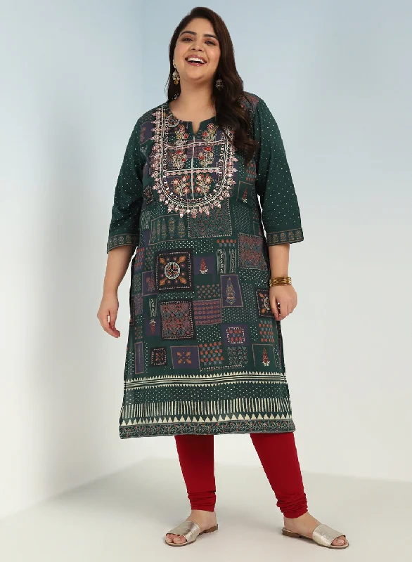 Green Printed Embroidered Kurta with Embellished Front Yoke