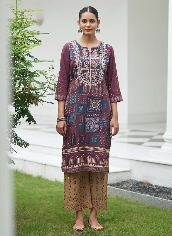 Maroon Printed Embroidered Kurta with Embellished Front Yoke