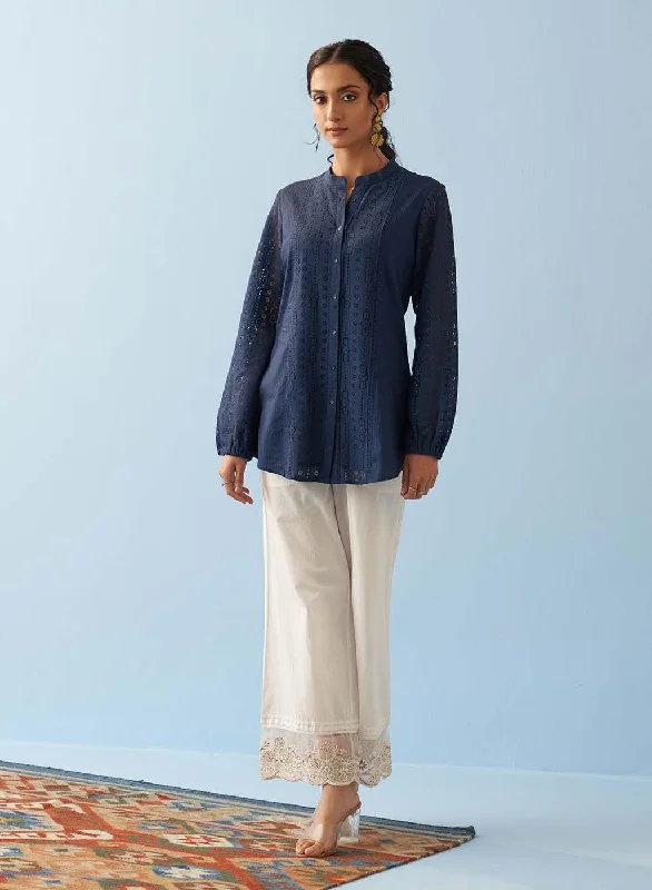 Navy Blue Collared Embroidered Tunic for Women