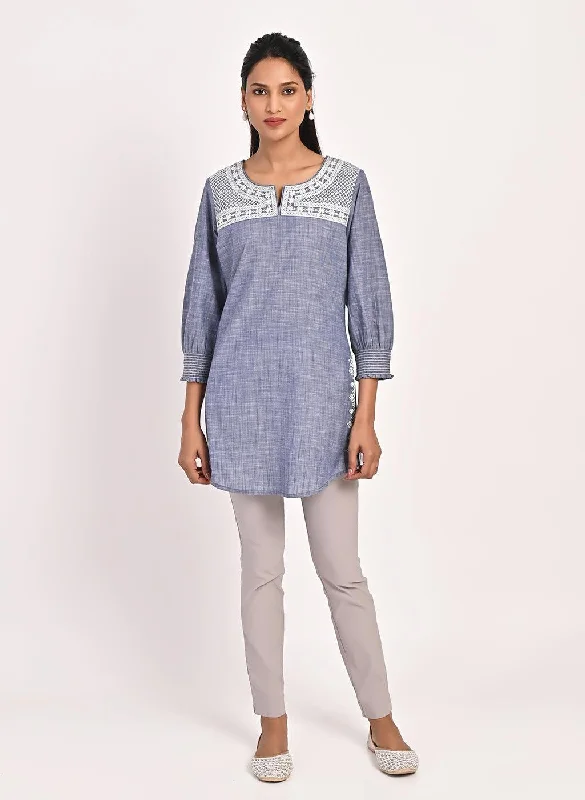 Navy Blue Round Neck Embroidered Tunic