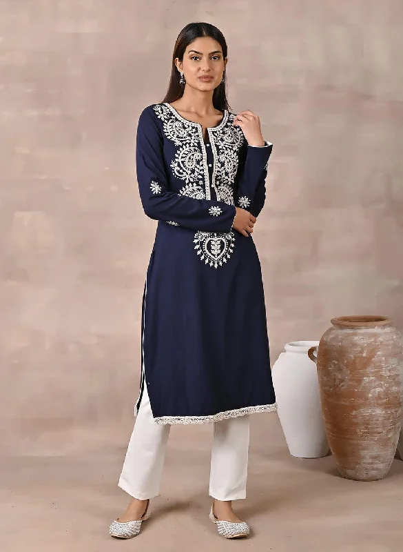 Navy Blue Woolen Kurta with Fine Embroidery