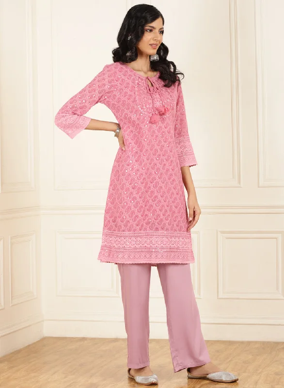 Pink Schiffli Embroidered Straight Kurta Set with Tassels