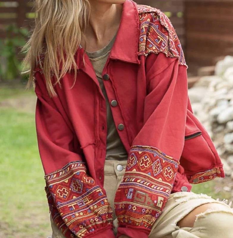 Red Embroidered Jacket In Red Multi