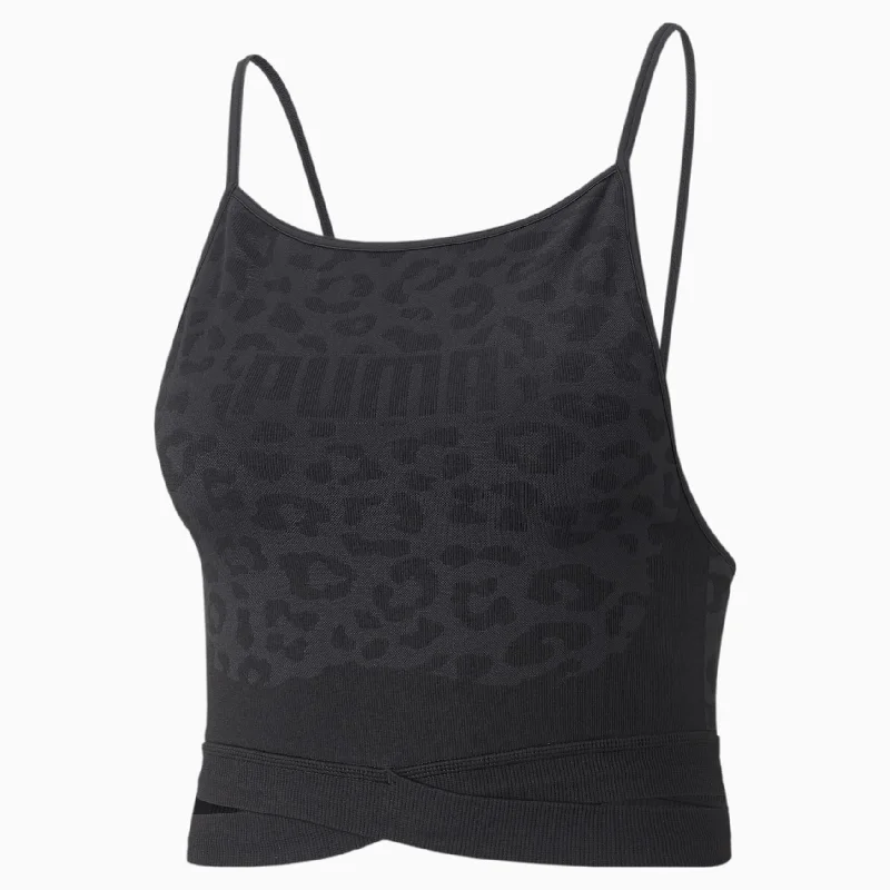 Puma Mid Impact FormKnit Seamless Fashion Sports Bra - Womens - Black/Leopard Print