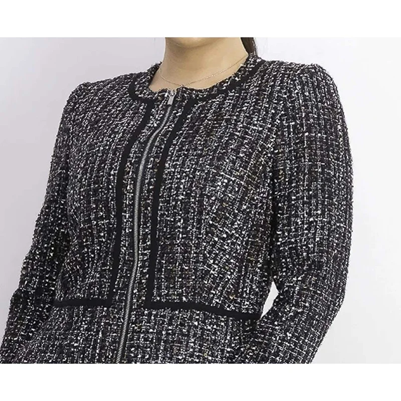 Calvin Klein Women's Tweed Zip Front Collarless Jacket Black Size 6