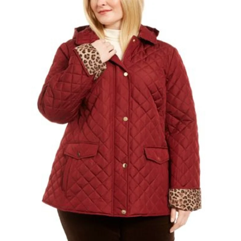 Charter Club Women's Quilted Leopard-Print-Trim Hooded Jacket Wine Size X-Small - XS