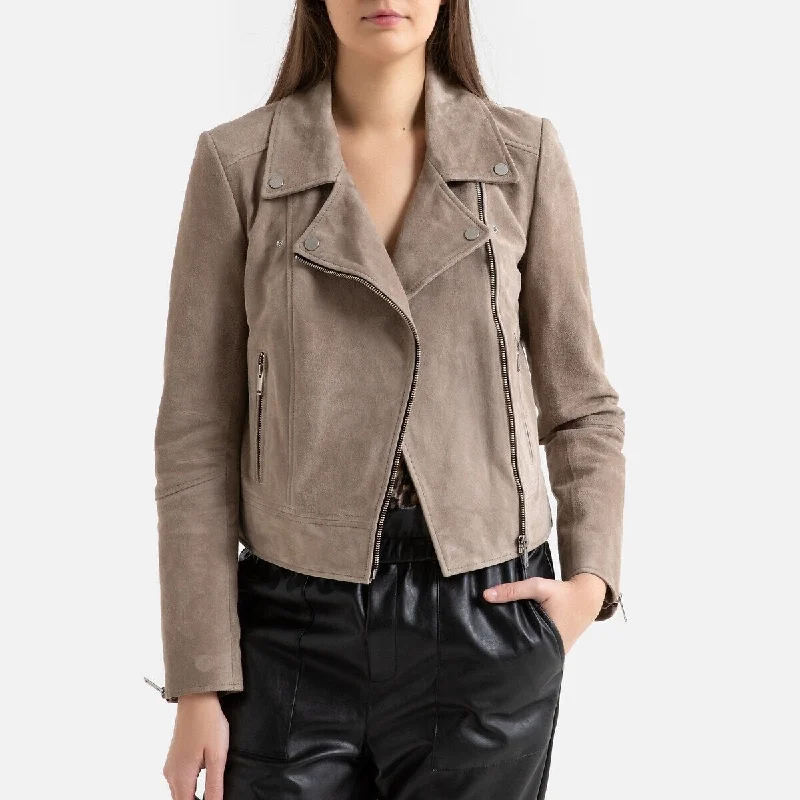 IKKS Women's Suede Short Zipped Jacket Beige Size Extra Small - X-Small