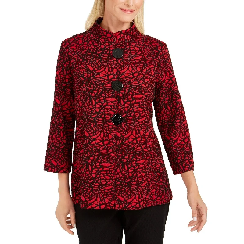 JM Collection Women's Jacquard 3/4-Sleeve Jacket Red Size Small