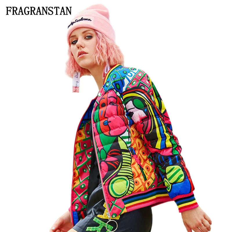 Women Winter New Stand Collar Down Jacket Fashion Abstract Print High Quality Parkas Female Casual Slim Baseball Uniform JQ752