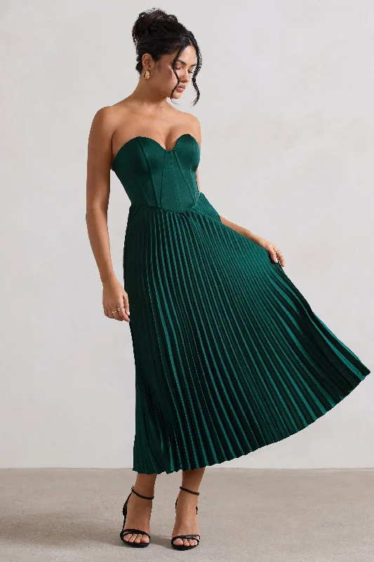 Bordeaux | Bottle Green Satin Corset Style Midi Dress