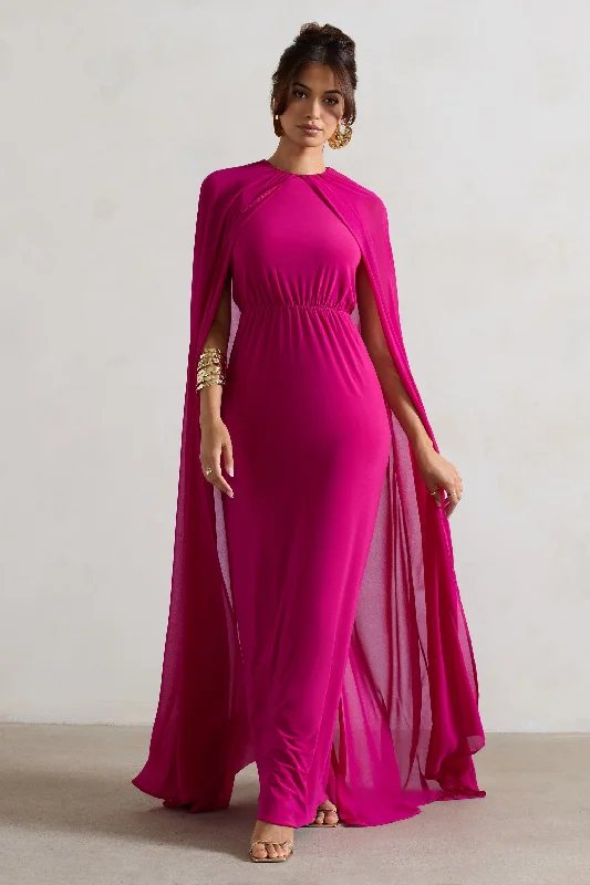 Envy | Dark Pink High-Neck Maxi Dress With Chiffon Cape