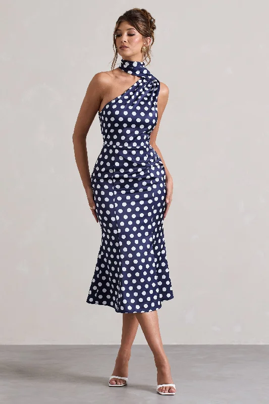 Golden Girl | Navy Polka Dot Asymmetric High-Neck Flared Midi Dress