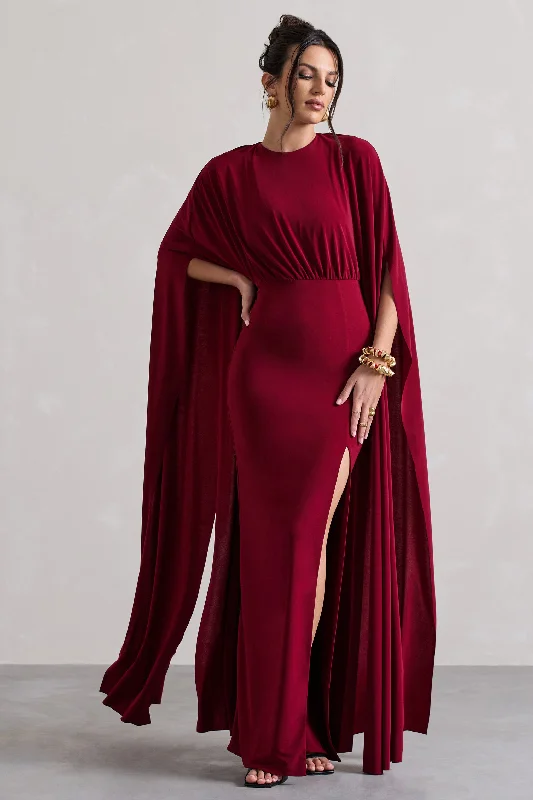 Ilaria | Berry Cape Sleeve Split Maxi Dress