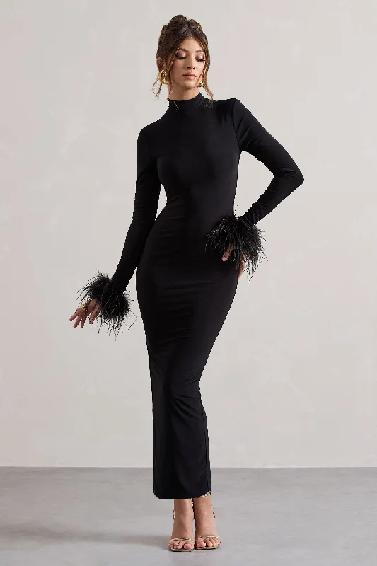 Khalia | Black High-Neck Feather-Cuff Maxi Dress