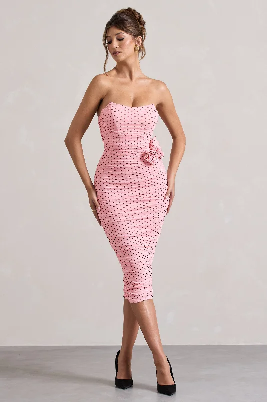 Lille | Pink Polka Dot Ruched Mesh Strapless Midi Dress With Corsage