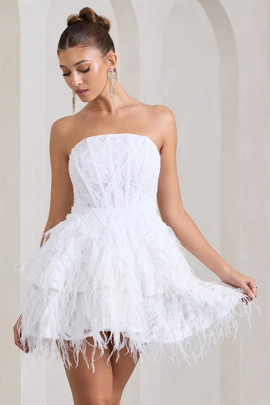 Little Wish | White Sequin Lace Strapless Mini Dress With Feathers