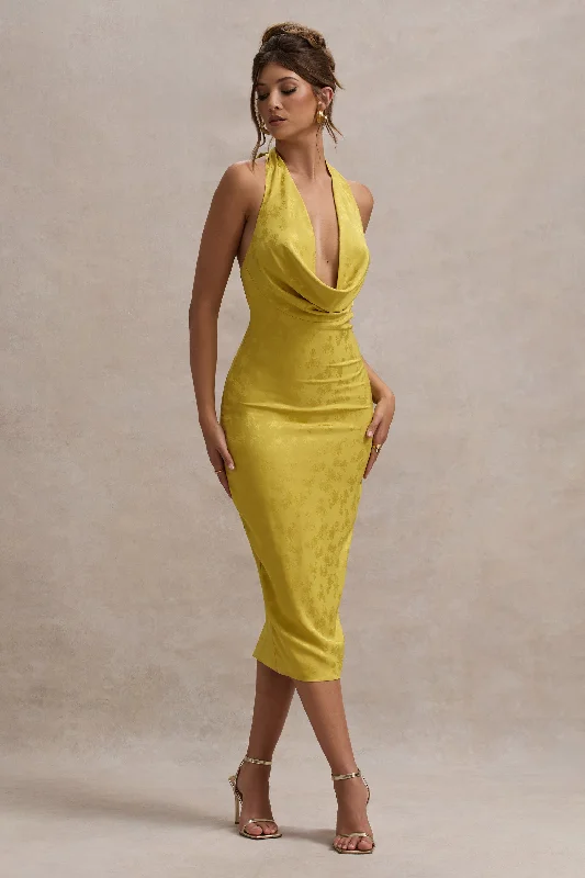 Maciza | Mustard Satin Jacquard Cowl-Neck Midi Dress