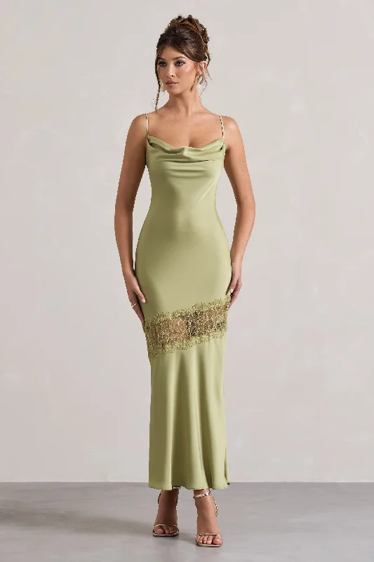 Matera | Light Olive Satin Cowl-Neck Lace Trim Maxi Dress