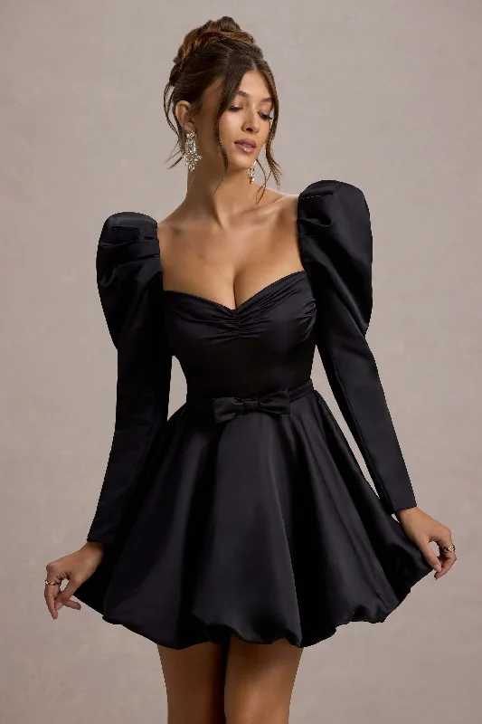 Murphy | Black Satin Belted Mini Dress With Puff Sleeves