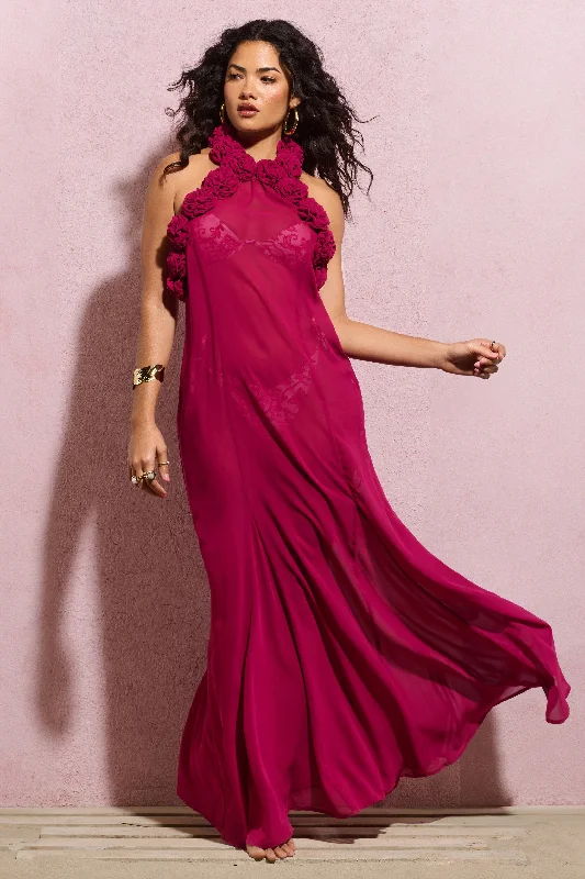 Naelya | Dark Pink Chiffon Halter-Neck Maxi Dress With Corsages