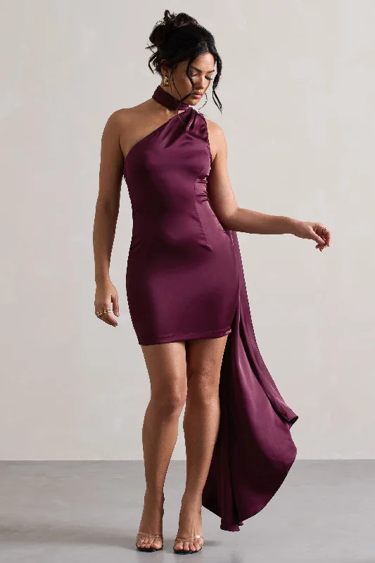 Natalie | Plum Satin One Shoulder Mini Dress With Scarf Detail