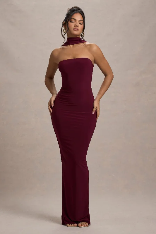 Nobu | Burgundy Bandeau Maxi Dress With Halter-Collar