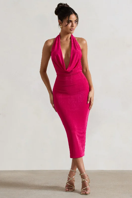 Raleigh | Hot Pink Cowl-Neck Midi Dress