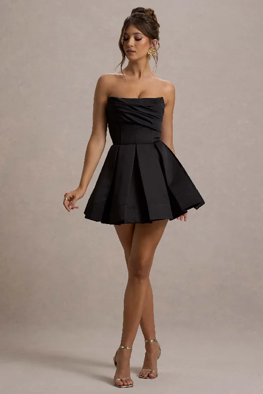 Saira | Black Satin Strapless Skater Mini Dress