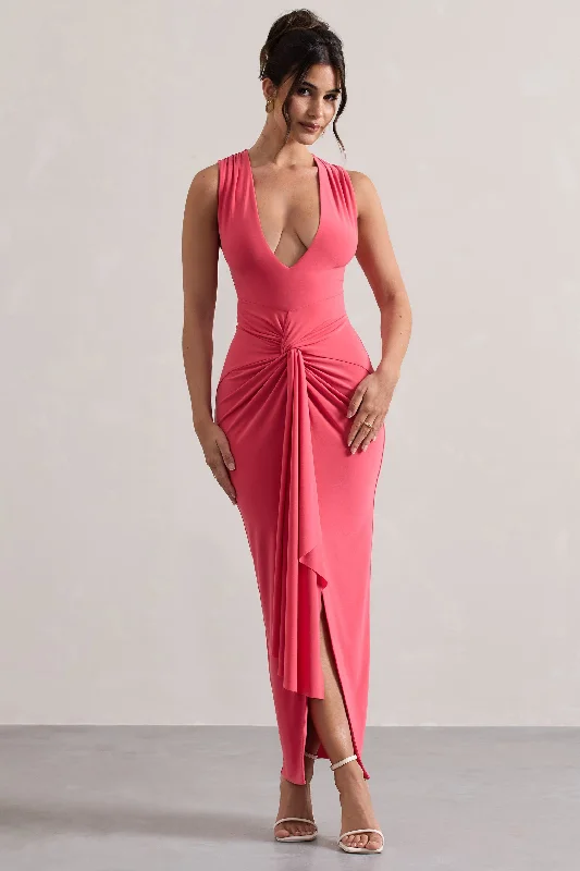 Santana | Coral Plunge-Neck Split Maxi Dress With Knot Detail