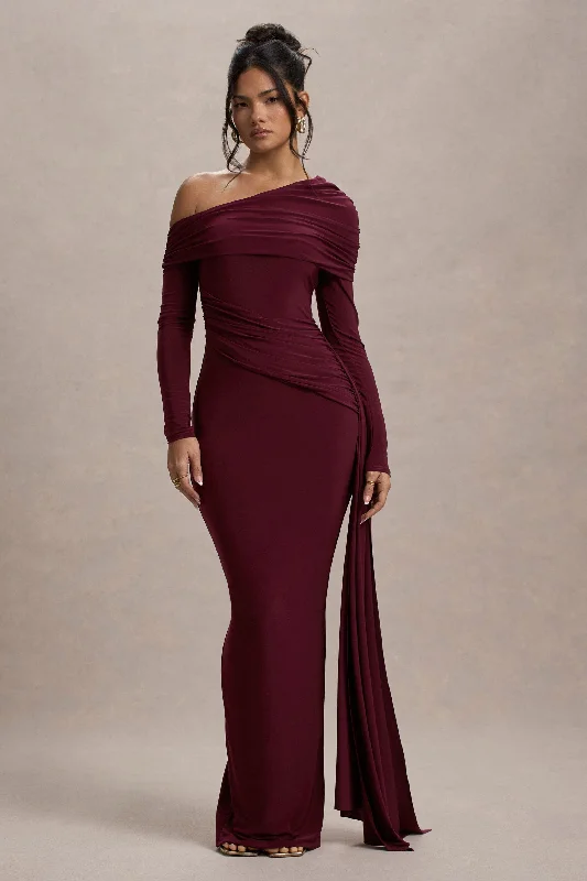 Valina | Burgundy Ruched Asymmetric Maxi Dress With Drape