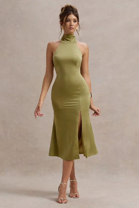 Violette | Olive Satin High-Neck Split Midi Dress