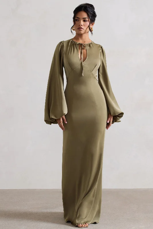 Wild Rose | Olive Satin Puff-Sleeve Cut-Out Maxi Dress