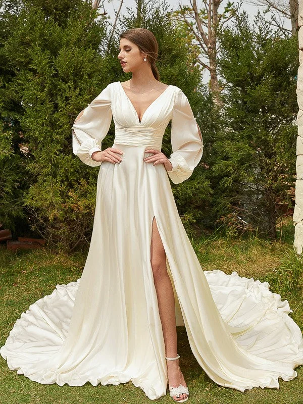 A-Line/Princess Satin Chiffon Ruched V-neck Long Sleeves Cathedral Train Wedding Dresses