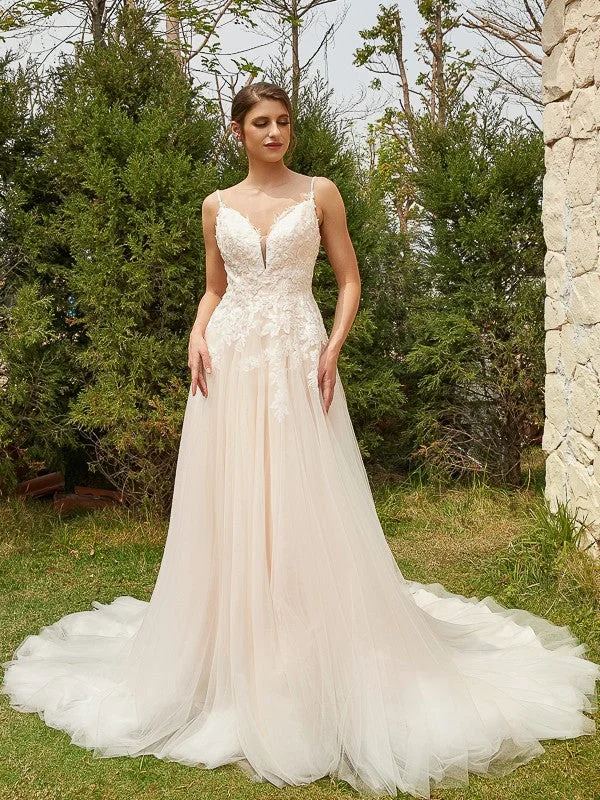 A-Line/Princess Tulle Applique V-neck Sleeveless Court Train Wedding Dresses