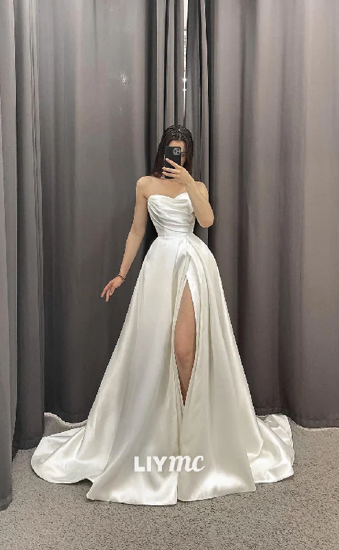 LW190 - Elegant Strapless Ruched Satin Side Slit A Line Long Wedding Dress