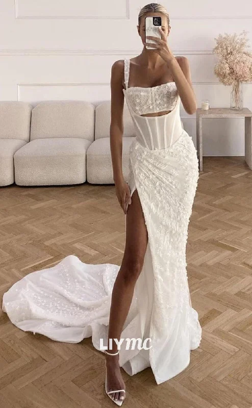 LW192 - Mermaid/Trumpet Square Neck Lace Long Wedding Dress With Side Slit