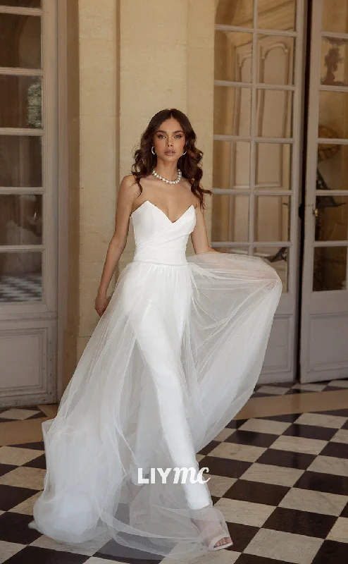 LW205 - Simple Strapless V Neck Satin Wedding Jumpsuit With Tulle Overskirt