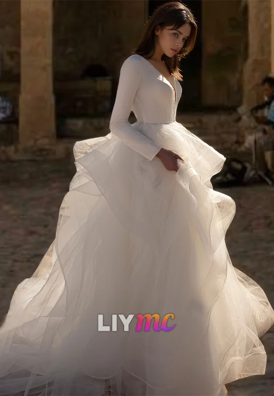 LW214 - Illusion Low V Neck Long Sleeves Satin Tiered Tulle Long Wedding Ball Gown