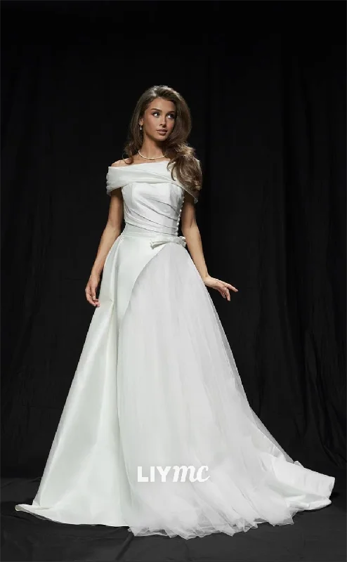 LW243 - A Line Off Shoulder Ruched Satin Tulle Long Wedding Dress