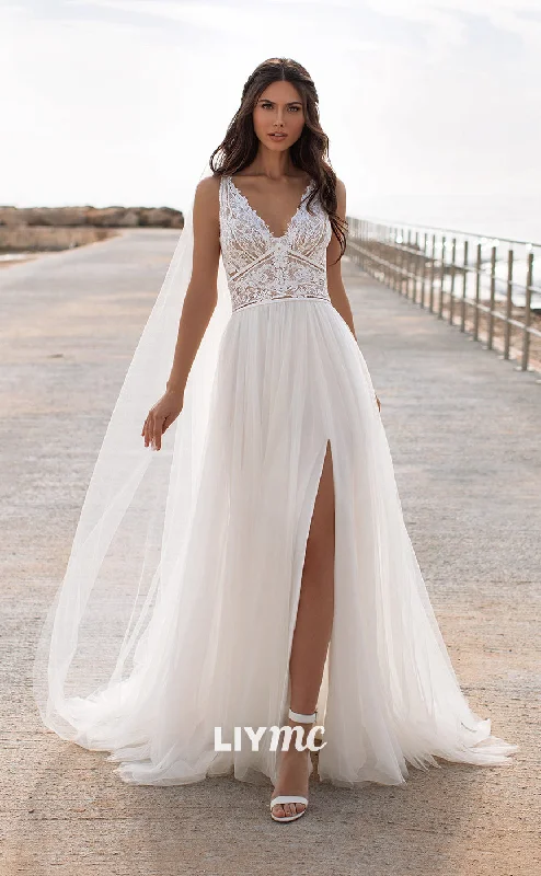 LW289 - A Line V Neck Lace Tulle Pleated Boho Beach Long Wedding Dress