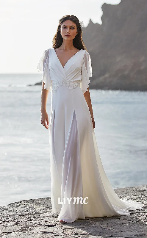 LW291 - A Line V Neck Cap Sleeves Lace Chiffon Long Boho Beach Wedding Dress