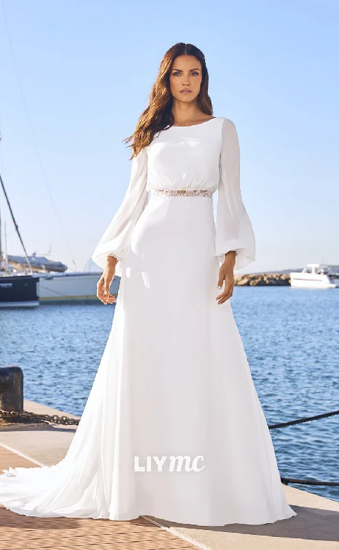 LW297 - A Line Scoop Long Sleeves Lace Satin Boho Beach Wedding Dress