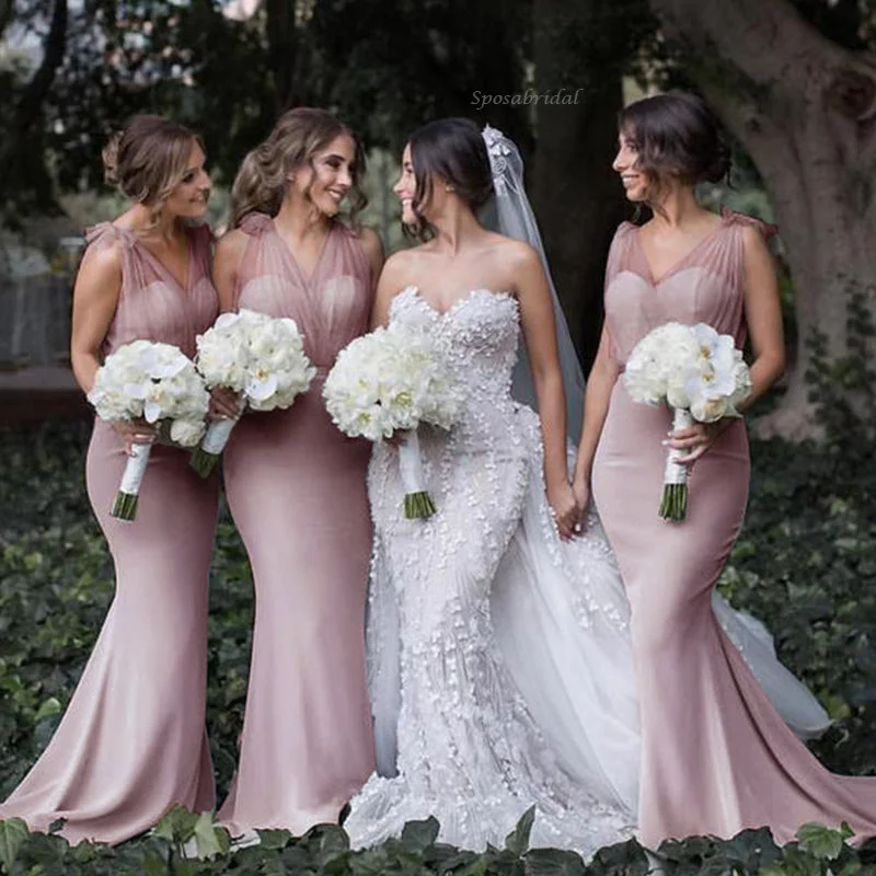 Formal Dusty Pink V-neck Tulle Strapes Mermaid Long Bridesmaid Dress, BD3230