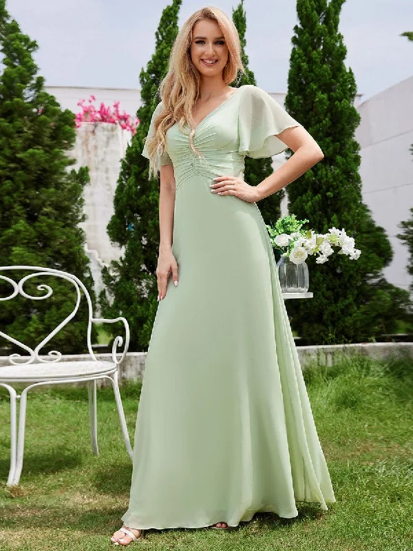 Chiffon Pleated Wholesale Bridesmaid Dress with Ruffle Short Sleeves