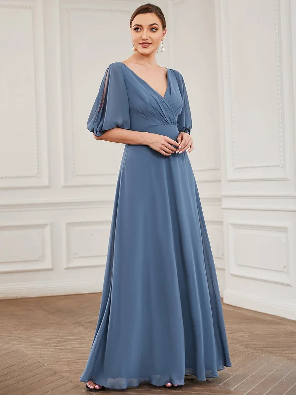 Deep V Neck Puff Sleeves Floor Length Wholesale Bridesmaid Dresses