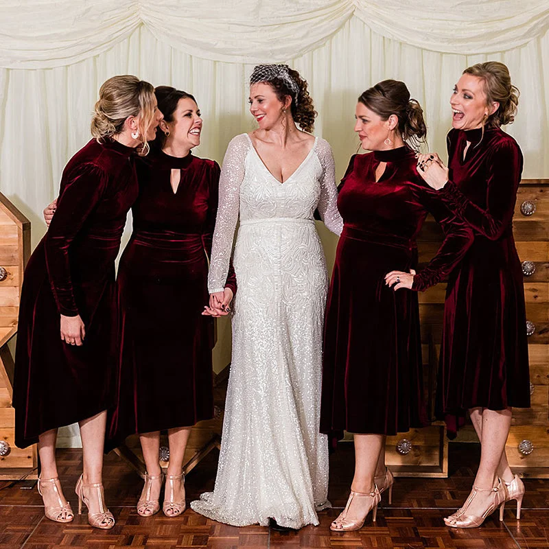 Elegant Burgundy Red Velvet Long Sleeves Tea-length A-line Bridesmaid Dress, BD3191